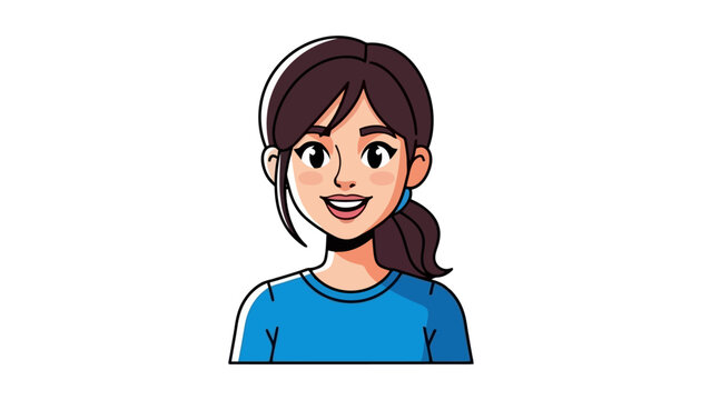 A cheerful young woman with brown hair tied in a ponytail, wearing a blue t-shirt, smiles broadly with her mouth open.