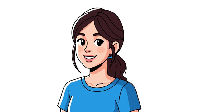 A cheerful young woman with brown hair tied in a ponytail, wearing a blue t-shirt, smiles warmly against a white background.