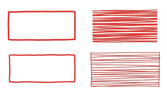 Two rectangular frames with red borders and two filled rectangles with horizontal red lines, illustrating graphic design elements.