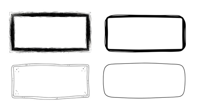 Four distinct rectangular frames with varying artistic styles and line weights, presented on a white background.