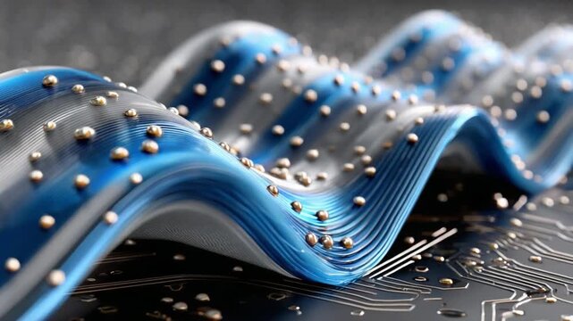 Blue Wavy Lines and Circuit: A mesmerizing, close-up view unveils a dynamic interplay of flowing blue waves and intricate circuitry, symbolizing the complex interconnections of modern technology. 