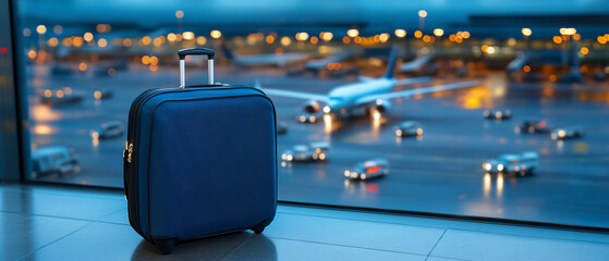 A suitcase positioned near the window overlooking taxiing planes at dawn, reflecting the early morning hues.