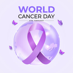 Obraz premium World Cancer Day Purple Ribbon Globe With Butterflies Symbol Of Hope And Awareness
