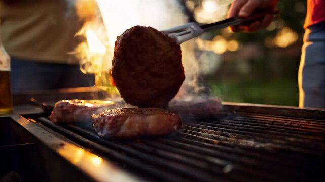 Meat grilling over open fire at barbecue concept. Delicious steaks sizzling on a barbecue grill, with warm sunlight in the background.