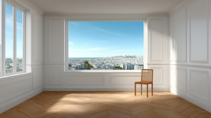 Fototapeta premium A sunlit empty room showcases a panoramic city view through a large window, with a simple wooden chair placed on the shiny parquet floor, creating a sense of space.