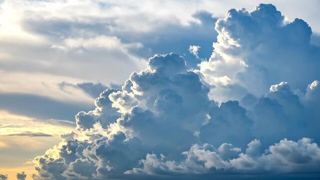 Dramatic cloudscape featuring f cumulus clouds illuminated by the sun, creating a serene atmosphere.