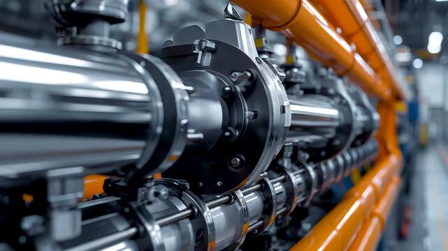 Shiny Metallic Industrial Shafts Couplings Bearings and Orange Protective Pipes Aligned in Factory Machinery Line