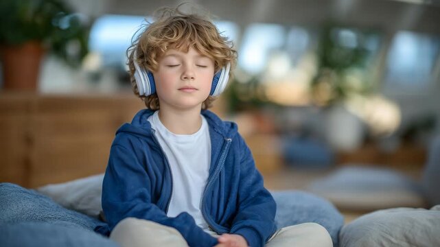 Calm and focused child with autism, sitting with headphones, listening to music in peaceful home therapy space, natural light and soft furnishings, promoting emotional regulation