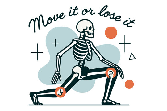 Graceful Skeleton Movement. Bone & Joint Health. A stylized skeleton frame moves gracefully through a lunge; floating icons highlight knees and hips. Text