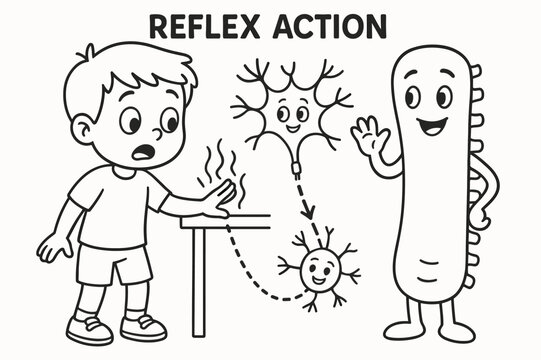 Reflex Action Coloring Page. Reflex action children?s coloring book illustration, outlined drawing, a cartoon kid touching something warm while a neuron signal