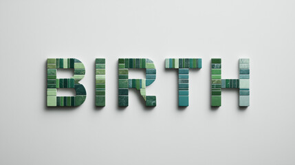 'BIRTH' typography made of emerald and forest green mosaic tiles, minimalist eco-friendly concept lettering on white background, creative 3D tile graphic for beginning and growth