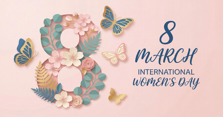 Elegant International Women's Day design featuring the number 8 decorated with flora and fauna, celebrating the global holiday