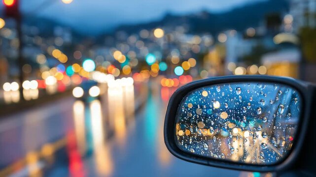 Close-up car mirror shot, raindrops on glass, reflective wet road, red stoplight, blurred traffic and urban lights creating moody evening atmosphere