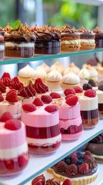 Display case filled with assorted decadent desserts including chocolate cups, raspberry parfaits and cream topped pastries