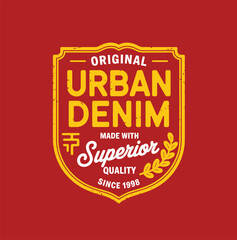 Red vintage urban denim brand with yellow text and laurel leaves