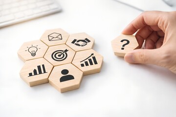 A hand holding a wooden tile with a question mark, ready to complete a business strategy puzzle consisting of various corporate icons