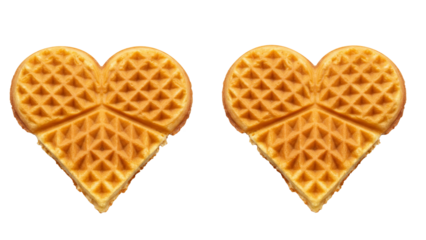 Two golden heart shaped waffles isolated on white background