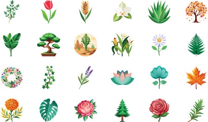 Botanical Plant and Flower Illustration Bundle Featuring Tropical Leaves, Succulents, Cactus, Ferns and Floral Elements, Nature Inspired Flat Vector Icons Isolated on White Background