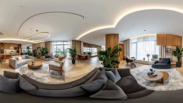 Immersive 360-degree view of a modern, open-plan living space with stylish furniture and decor.