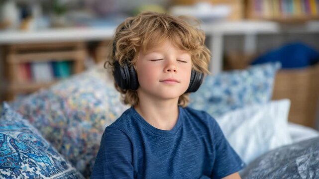 Close-up of child with autism enjoying music, gentle smile, headphones on, eyes closed, warm therapy room with pillows and soft textures, promoting calm and focus
