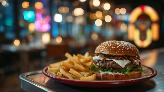 Close-up of classic diner burger and fries, red tray on reflective chrome counter, steam gently rising, soft focus retro interior with jukebox and neon glow, nostalgic 1950s feel