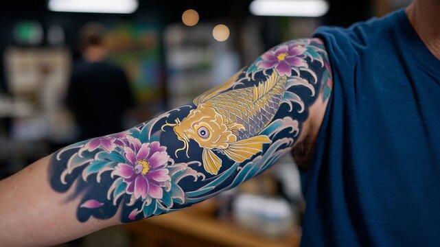 Close-up of colorful Japanese tattoo, tattoo artist pointing at detailed arm artwork, koi fish, waves, and cherry blossoms, vibrant pigments and fine lines highlighted