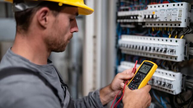 Close-up of electrician checking fuse box connections, multimeter probes touching terminals, hands steady and focused, detailed view of circuit breakers and wires