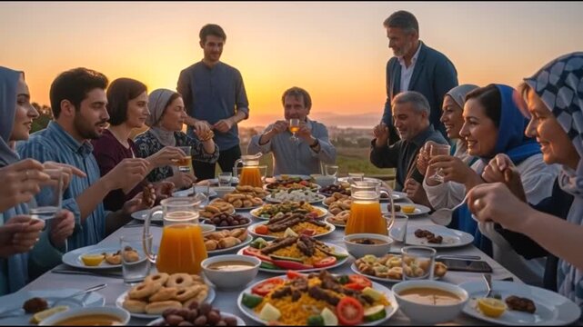 A large multi-generational family enjoys a festive outdoor dinner at sunset, sharing food and conversation.