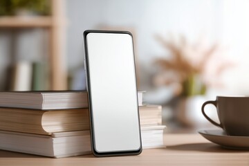 Sleek Phone Mockup leaning in Warmly Lit Office Setting