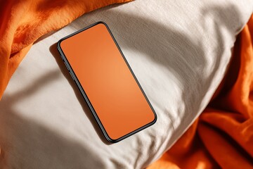 Mobile Orange Phone Mockup resting on Fabric Pillow