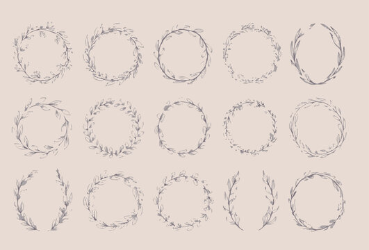 Hand drawn rustic botanical wreath set, floral circle frames with leaves and branches for wedding invitation and logo design