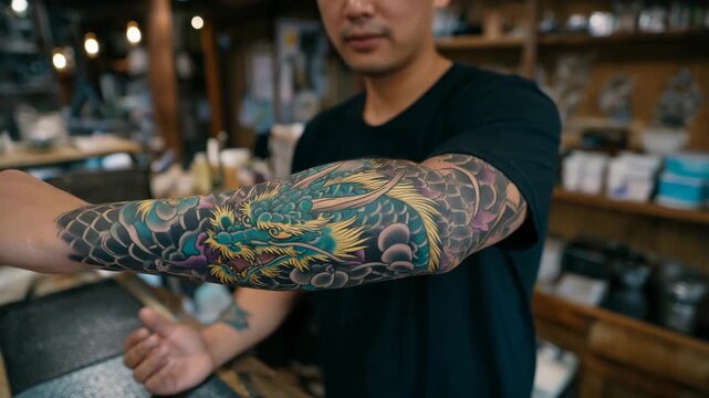Close-up of Japanese-style tattoo on forearm, dragon and floral patterns, tattoo artist gently presenting the arm, bright and colorful ink, professional studio ambiance