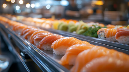 Fresh salmon nigiri lined up on a conveyor belt in a sushi restaurant, shallow depth of field with warm bokeh background.

