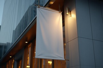 Vertical White Hanging Banner Mockup on Storefront at Night