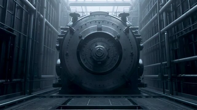 Massive Industrial Vault Door with Giant Circular Gear Mechanism Inside Dark Metallic Corridor Tunnel