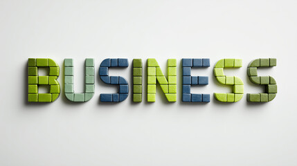 'BUSINESS' typography made of green moss and stone textures, sustainable business concept lettering on white background, eco-friendly professional 3D graphic for corporate identity