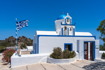 The Blue and White Greek Church of the Prophet Elias, Imerovigli, Santorini, Greece