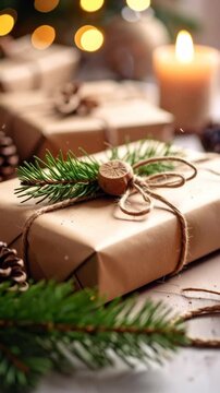 Elegant Christmas presents wrapped in brown paper, tied with twine and decorated with greenery, festive aesthetic with warm candle light