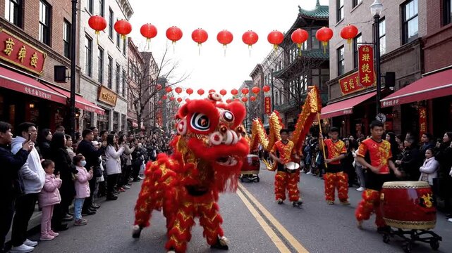 Vibrant Chinese lion dance performance on bustling street during celebration