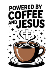 Obraz premium A steaming coffee cup is placed at the center with a cross and text above it. The background is dark and the overall design is simple yet eye-catching.