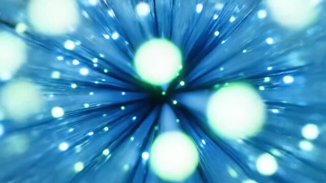 A bundle of optical fibers carrying pulses of blue and green light, depth of field, technology background.
