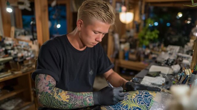 Colorful Japanese tattoo on arm, tattoo artist highlighting intricate koi and blossom design, professional tattoo studio ambiance, warm natural and artificial lighting