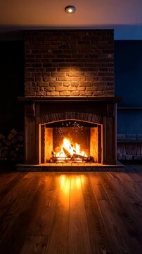 Cozy brick fireplace interior with burning fire and wooden floor casting a warm glow on winter season home design.