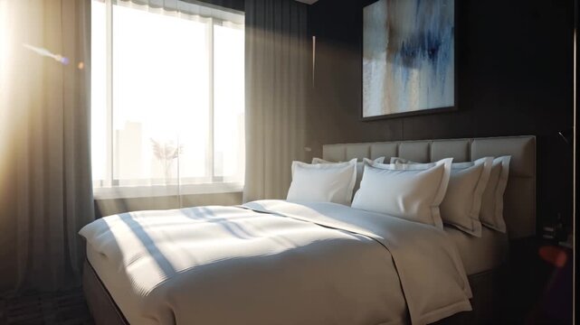 4K cinematic stock footage, modern loft bedroom hotel room, double bed cotton bedding memory foam pillows linen pillowcases, black accent wall abstract painting, warm ambient evening lighting, slow 4k