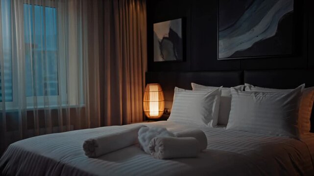 4K cinematic stock footage, modern loft bedroom hotel room, double bed cotton bedding memory foam pillows linen pillowcases, black accent wall abstract painting, warm ambient evening lighting, slow 4k