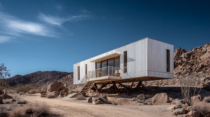 Modern Elevated Prefabricated House In Desert Landscape.