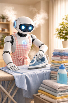 Humanoid AI Robot Doing Laundry and Ironing Clothes at Home