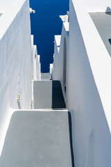 Steps down to the Agean Sea and towards the volcano, Fira, Santorini, Greece