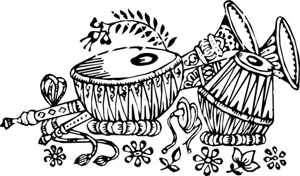 Traditional indian musical instruments outline icon isolated on white background, Vector