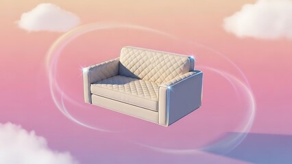 Fototapeta premium Elegant Quilted Armchair with Iridescent Glow Floating in a Surreal Pastel Dream Sky